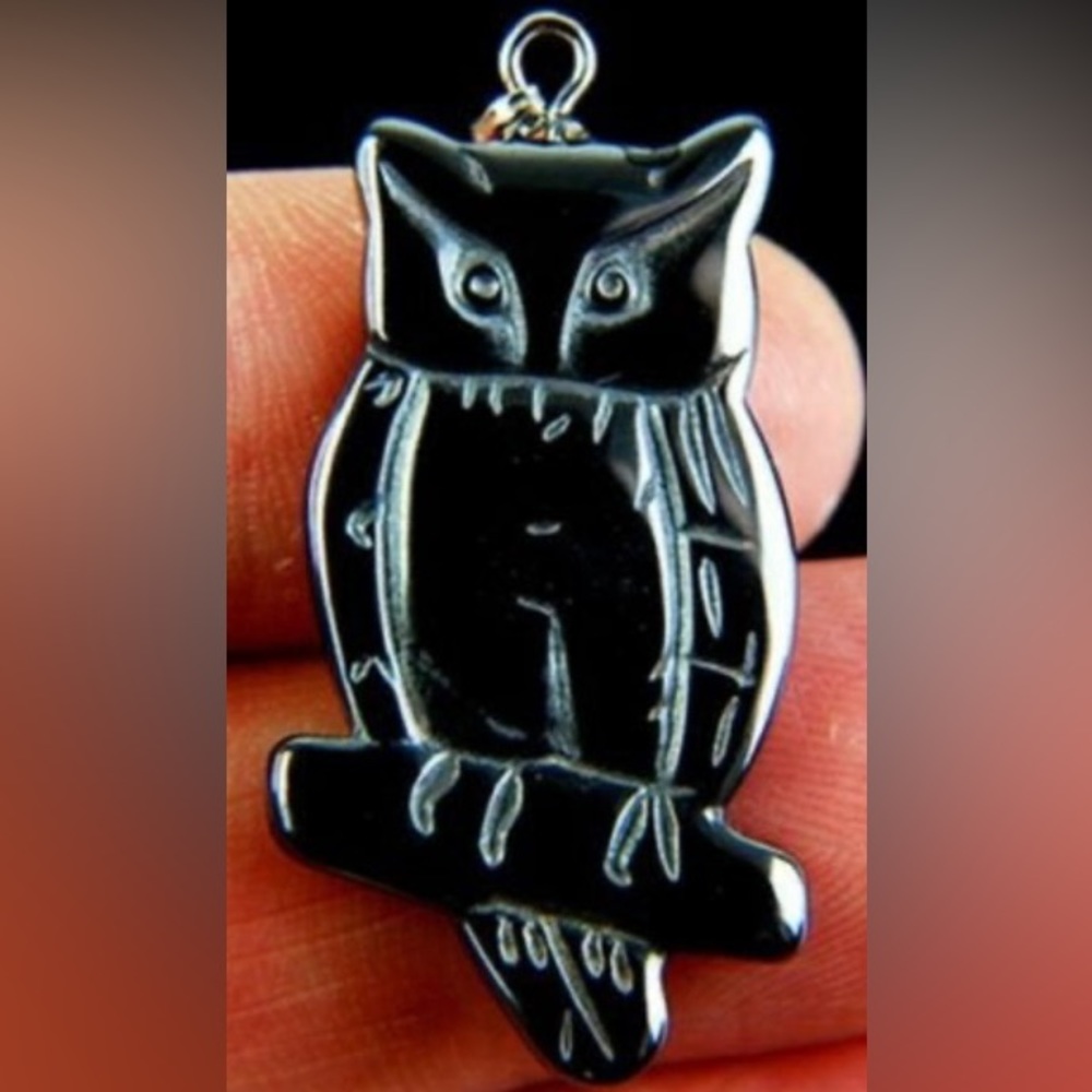 Carved Black Hematite Owl Pendant with black leather cord 17 inches